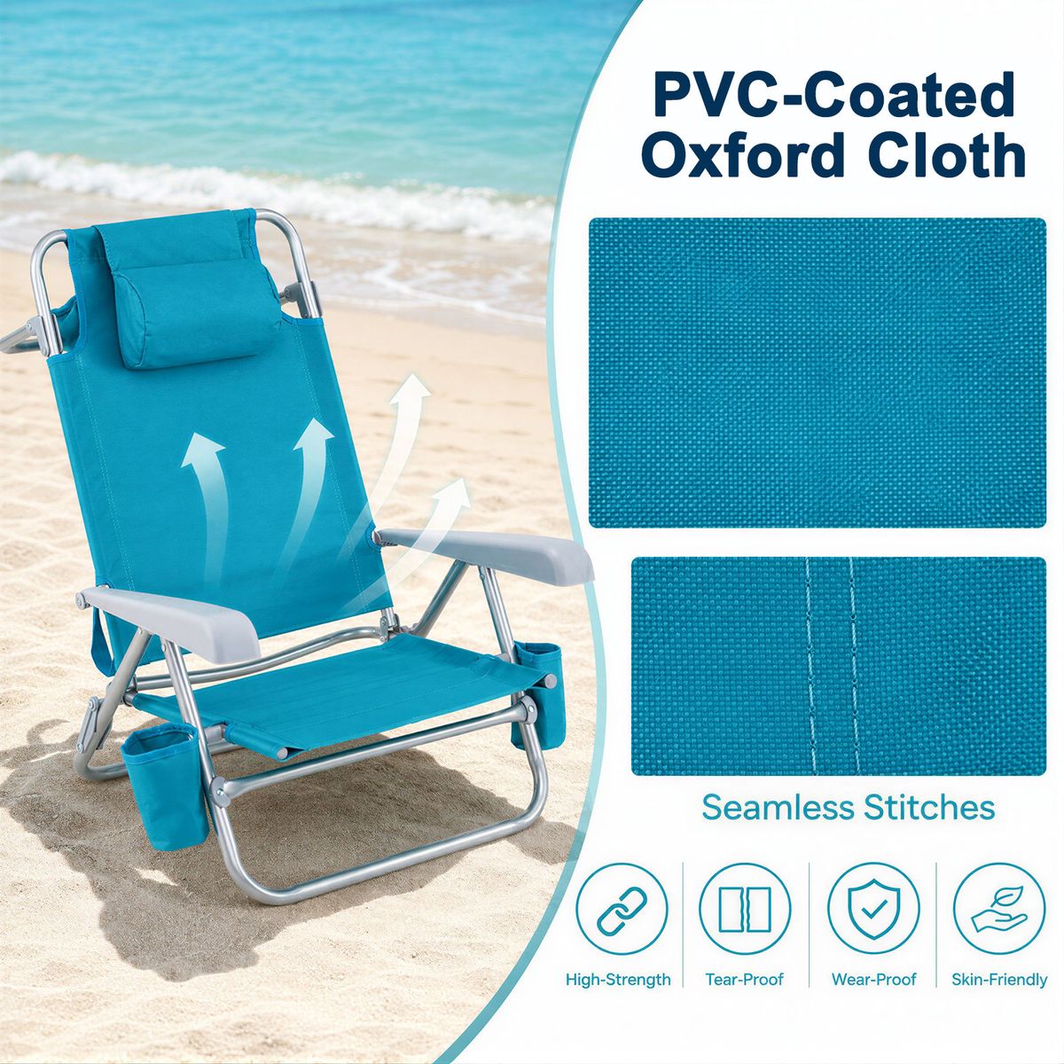Coast Strandstoel 2-delige set - opvouwbaar met verstelbare rugleuning en hoofdsteun - turquoise