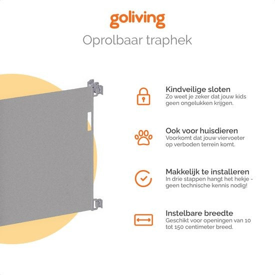 Goliving Oprolbaar Traphekje - Veiligheidshekje - Kinderhekje - Push & Turn - 10 tot 150 cm Breed - Aluminium frame - Mesh - Grijs