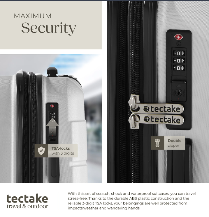 tectake Brice Kofferset 3-delig – L, M & S – ABS – 360° Wielen – TSA-slot – Wit