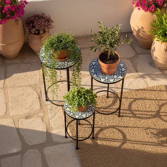 AXI Lola Mozaïek Plantentafel Rond Multikleur - Set 3 stuks – Bijzettafels - Diverse Afmetingen - Mozaïeklook – Ingelegd met keramische tegels – Voor binnen, tuin, terras en balkon