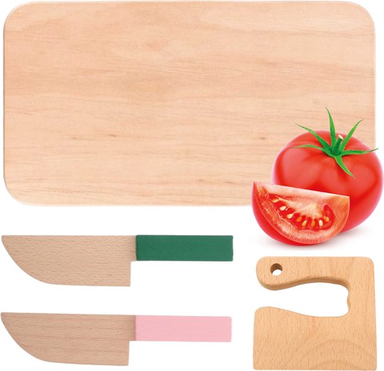 Qwali Houten Kindermessen Set - Veilig - Incl. Snijplank - Kinder - Bestek - Messen Kind - Keuken - Speelgoed
