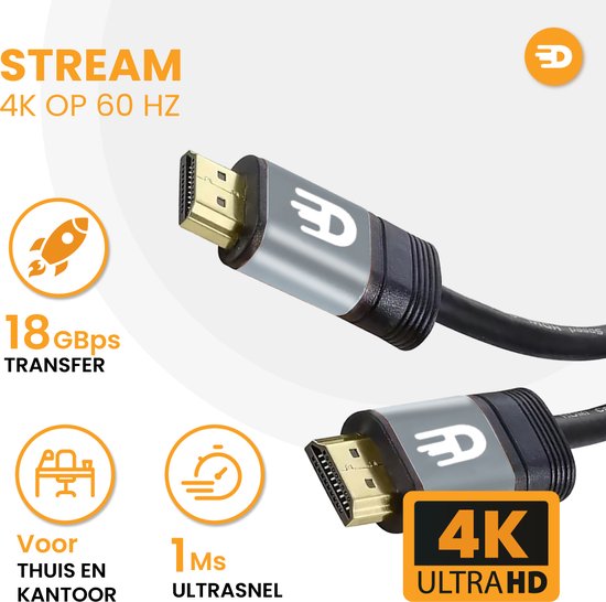 Drivv. Premium HDMI Kabel 2.0 - Ultra HD 4K 60 Hz - HDMI naar HDMI - Geschikt voor Xbox Series X & PS5 - 1 meter - PVC - Grijs