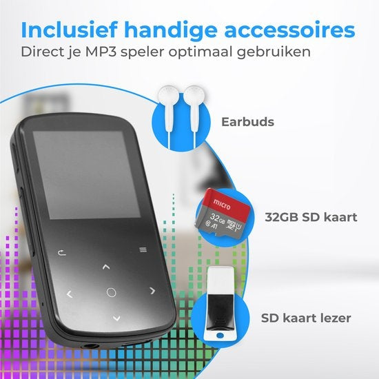 Nuvance - MP3 Speler met Touchscreen en Bluetooth - Incl. Oordopjes - met Clip - Voice Recorder Digitaal - met FM Radio - Zwart