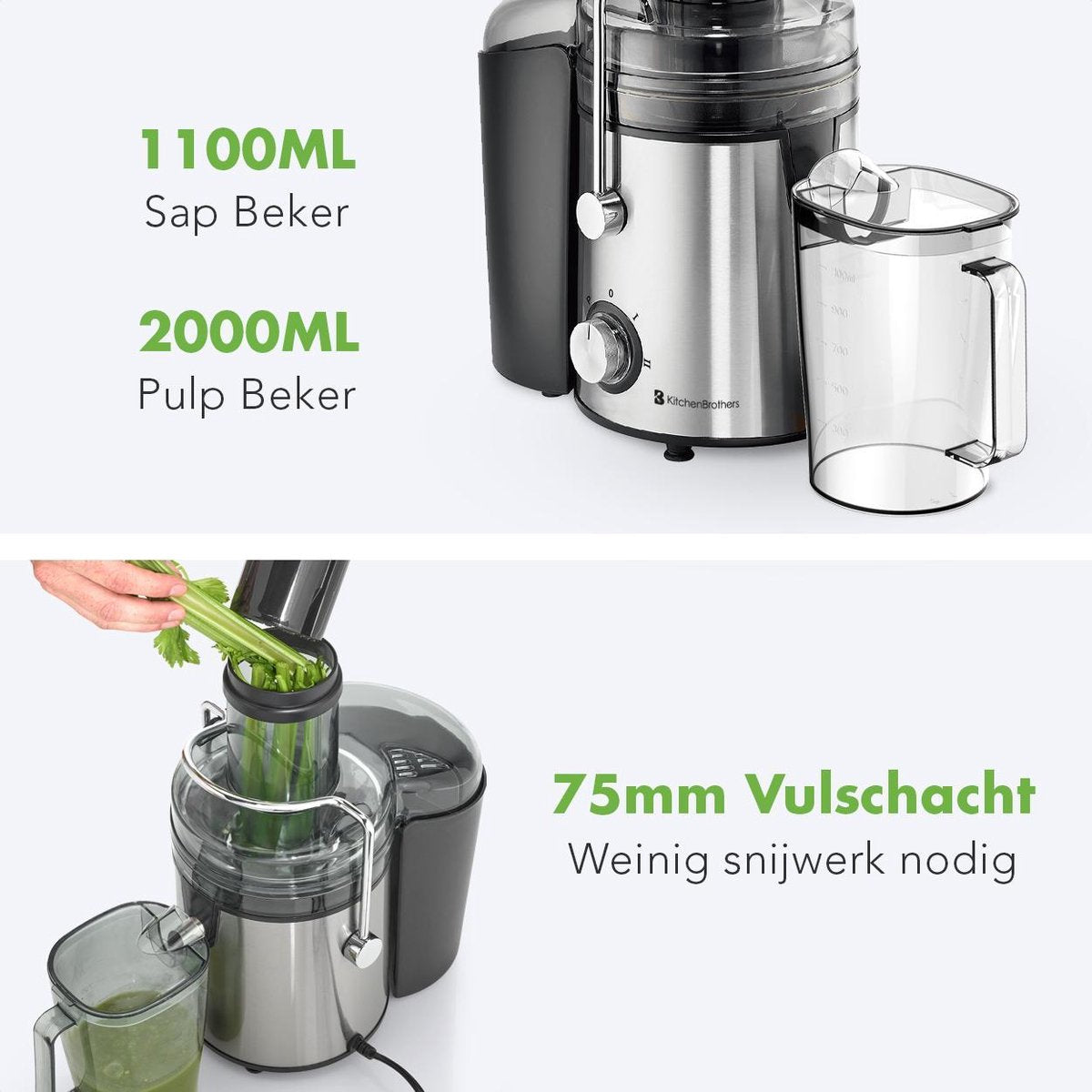KitchenBrothers Sapcentrifuge - Voor Groenten en Fruit - 1100 ml - 800W - Zwart