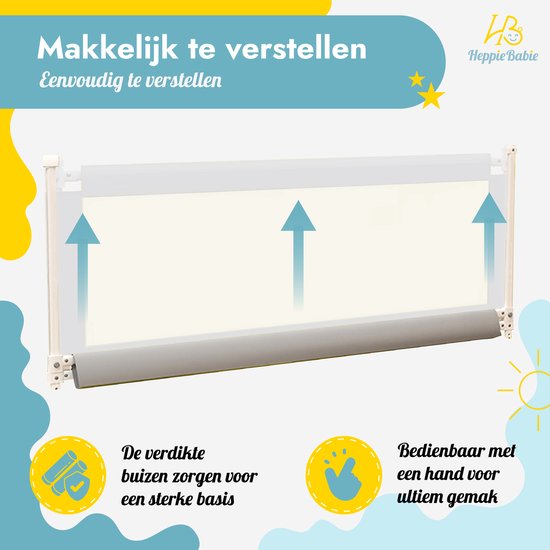 HeppieBabie Bedhekje - Universeel - Extra Lang 150 CM - Verstelbaar - Grijs met opvangnet - Bedrand - Bedrail - Bedrek
