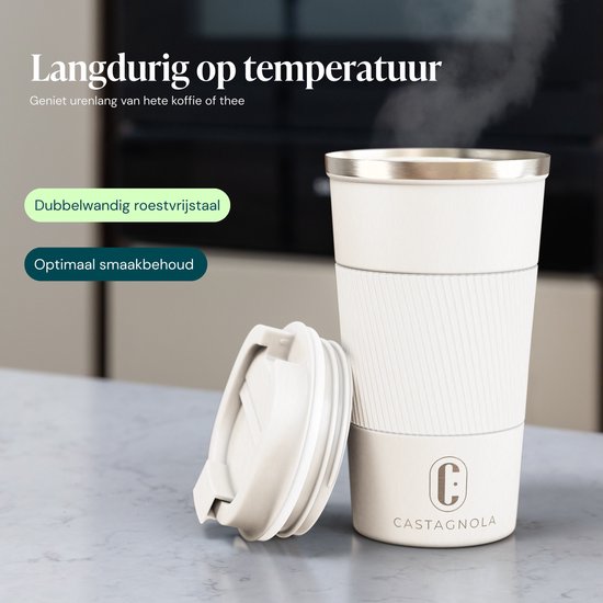 Castagnola Thermosbeker - Koffiebeker To Go - Travel Mug voor Koffie en Thee - Theebeker - 510 ML - RVS - Offwhite