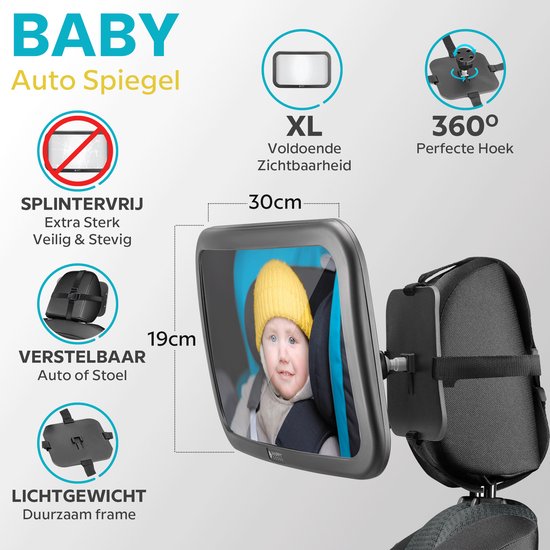 Happy Goods Autospiegel Baby XL - Achteruitkijkspiegel - 35x19 cm - 360° Verstelbaar - Baby Spiegel Auto - Veiligheidsspiegel - Achterbank Spiegel Baby