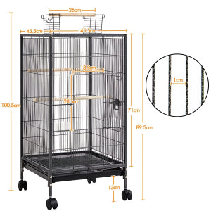 Yaheetech Vogelkooi Met Verrijdbaar Onderstel – Voorzien Van Uitschuifbare Lade En 4 Plastic Voerbakjes En 3 Houten Zitstokken – Voor Kleine Vogels En Parkieten – Gehamerd Zwart Metaal En Massief Hout – 45,5 x 45,5 x 100,5 cm