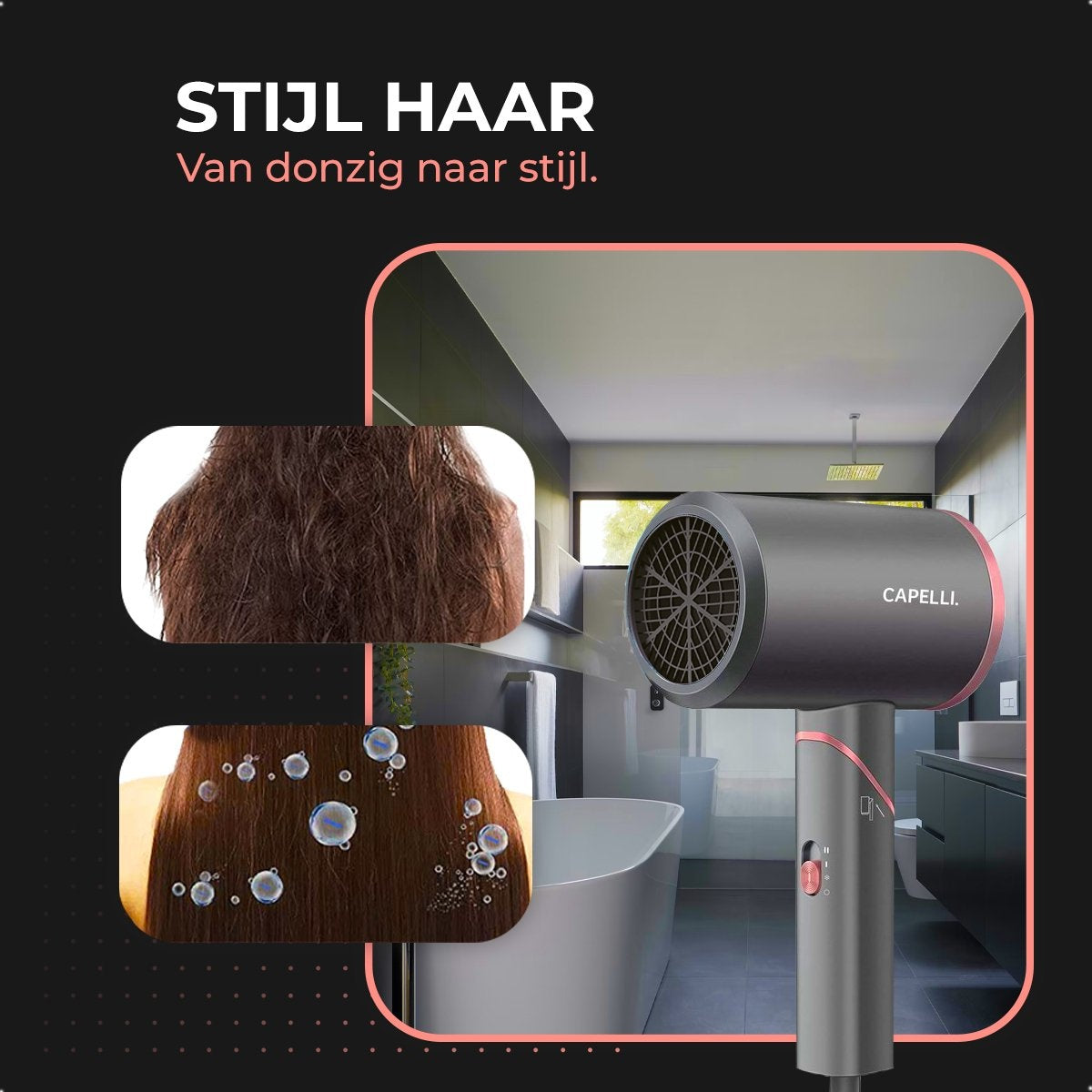 CAPELLI Föhn - Haardroger - Föhn met Diffuser - Krullen - Ionisch - Inklapbaar - 3 standen - Rosé Goud