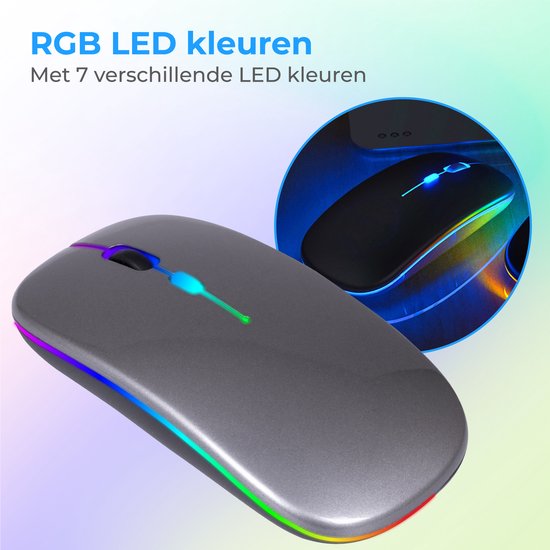 Nuvance - Draadloze Muis LED - Bluetooth - Ergonomisch - Laptop en gaming - Draadloos - Grijs