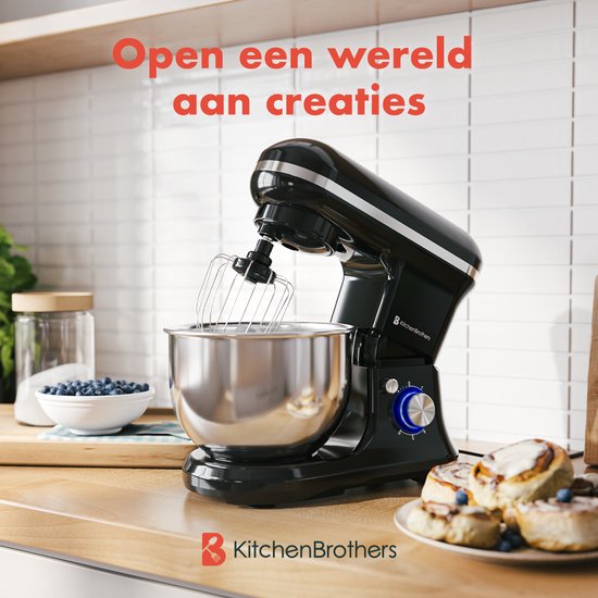KitchenBrothers Keukenmachine & Mixer – 1200W – 5L RVS Mengkom – 6 Snelheden & Pulse – 36,9 x 23,1 x 33,4 cm – Zwart