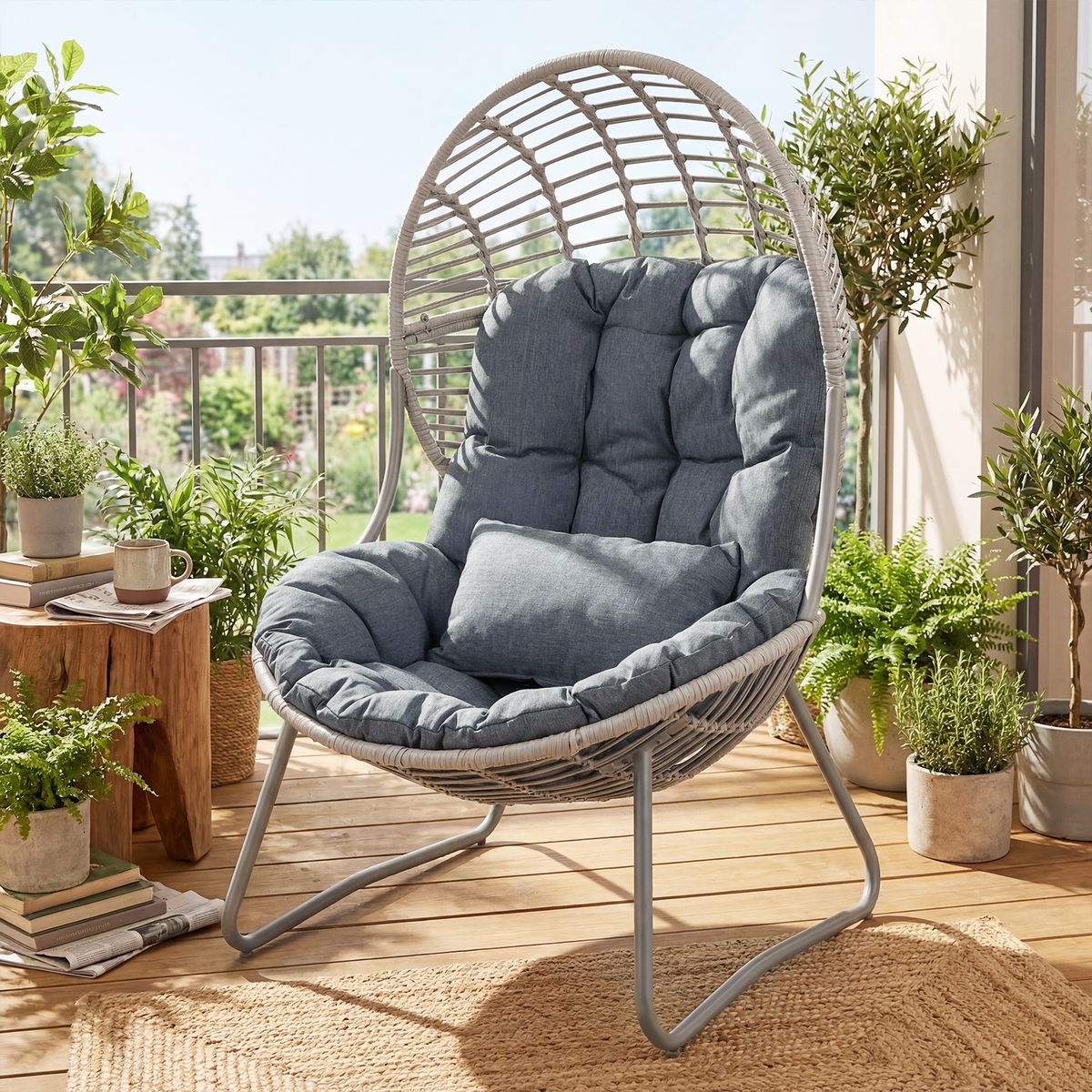 Coast Loungestoel van rattan - ei-vormig ontwerp - afneembare kussens - grijs