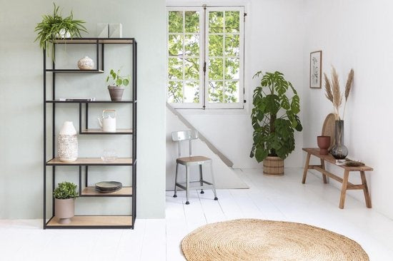 LIFA LIVING Open Wandkast - Opbergkast - Boekenkast - Industrieel - Zwart - Hout & Metaal - 82 x 34 x 175 cm