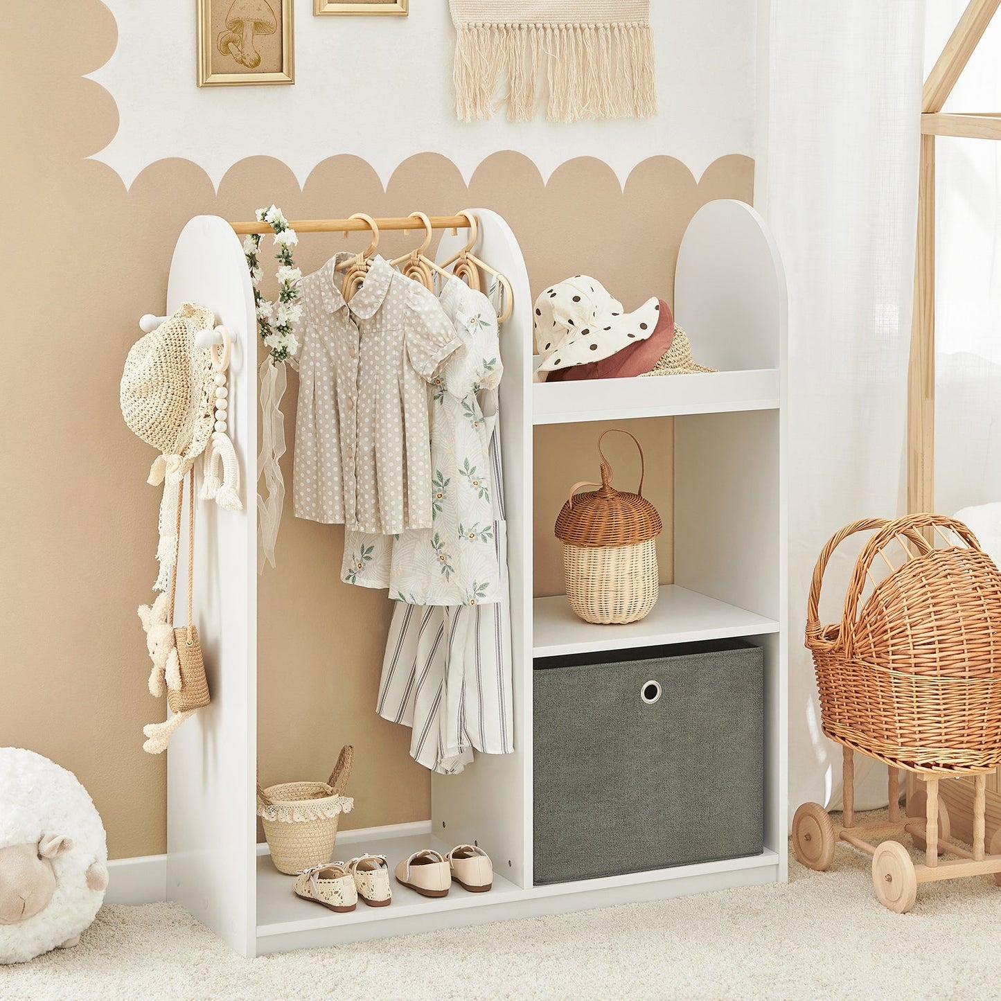 SoBuy Kinderkledingkast - 3 Planken 1 Mand 3 Haken - Wit - 97 x 35 x 108 cm