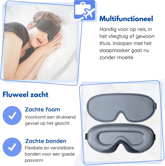 Hilvard - Slaapmasker - Oogmasker - Inclusief Slaap oordopjes - 100% Verduisterend - Verstelbaar - Ergonomisch - Grijs