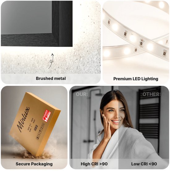 Mirlux Badkamerspiegel met LED Verlichting & Verwarming – Wandspiegel Arch – Anti Condens Douchespiegel - 45x100 cm