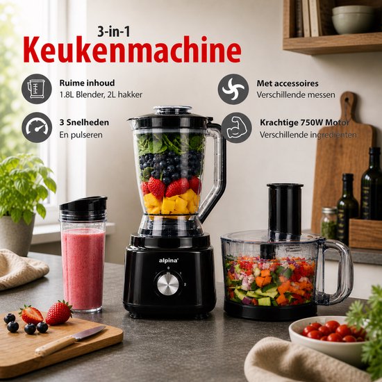 alpina 3-in-1 Foodprocessor, Blender en Smoothie Maker - Keukenmachine Multifunctioneel - Groentesnijder - Hakmolen - 2L - BPA-Vrij - Vaatwasserbestendig - FP413GS - Zwart