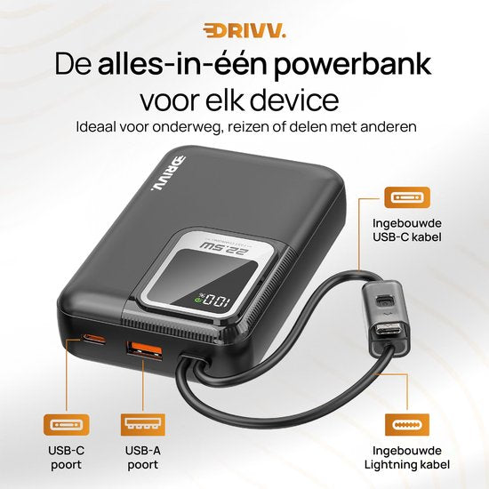 Drivv. Powerbank 20.000 mAh - Met Ingebouwde 8 pin & USB C Kabel - Inclusief 60W Oplaadkabel - 22.5W Snellaadfunctie - USB / USB C - Noodpakket