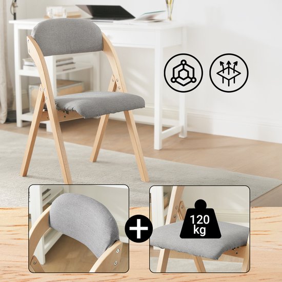 SoBuy Set van 2 Klapstoel, Bureaustoel met Gestoffeerd Zitkussen, Eetkamerstoel, Natuur/Grijs, 47.5x77x59 cm, FST92-Nx2 - voor eetkamer, balkon of kantoor