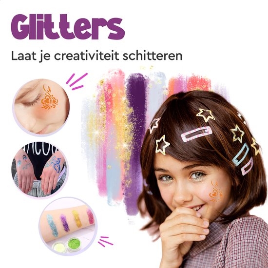 Partizzle Compleet Bio Glitter Tattoo Set - Meisjes / Jongens - Schmink Sjablonen, Lijm en Penselen - Gezicht Nep Neon Tattoos Knutselpakket - Carnaval Cadeau Knutselen voor Kinderen - 24 Kleuren / Biodegradable