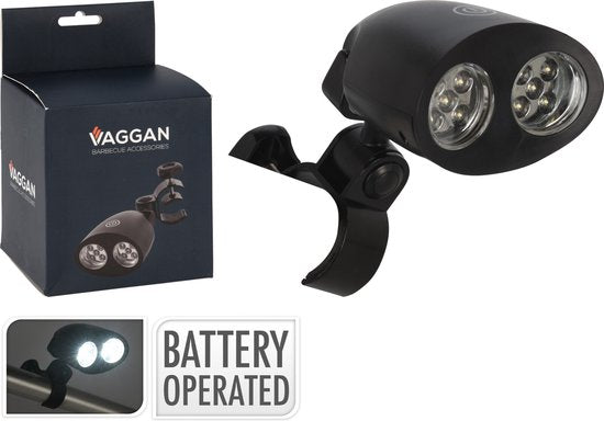 Vaggan BBQ Lamp - 2 Lichtbundels-kantelbaar- werkt op batterijen- verstelbare klem