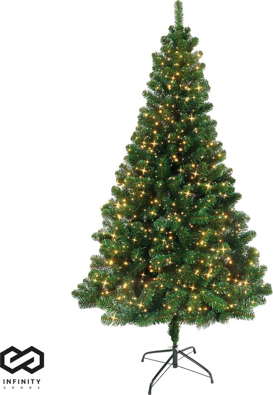 Infinity Goods Kunstkerstboom Met LED Verlichting - 210 cm - Realistische Kunststof Kerstboom - Metalen Standaard - Groen