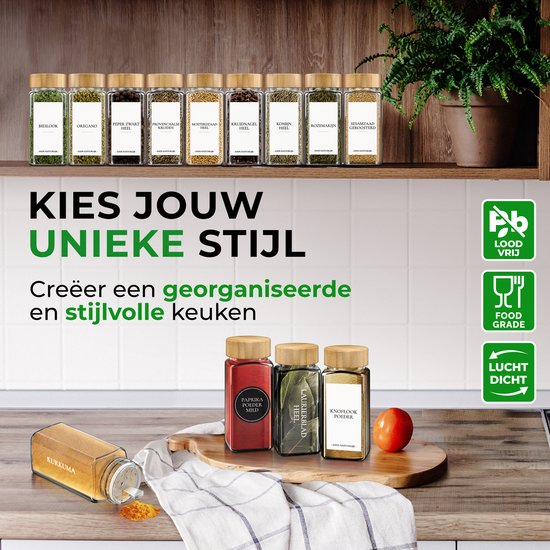 Soothe 48 Glazen Kruidenpotjes Vierkant met Bamboe Deksel – 2 Soorten Strooideksels – Kruidenstrooier – Spice Jars – Complete Set incl Kruiden Stickers, Krijtstift en Accessoires – 120ml