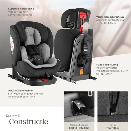 tectake® Draaibare Autostoel - Kinderstoel - i-Size goedkeuring - Isofix autostoel - Zitverhoger - Kinderzitje auto - Autostoeltje - 5-punts-gordel - Vanaf geboorte tot 150cm/36kg