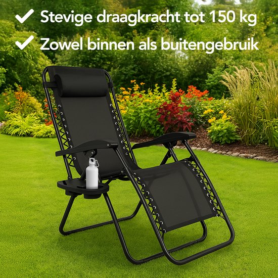 Brixy Opvouwbare Tuinstoelen set van 2 - Ligstoelen - Opvouwbaar - Verstelbaar - Ergonomisch Hoofdkussen - Metaal - Textileen - Zwart