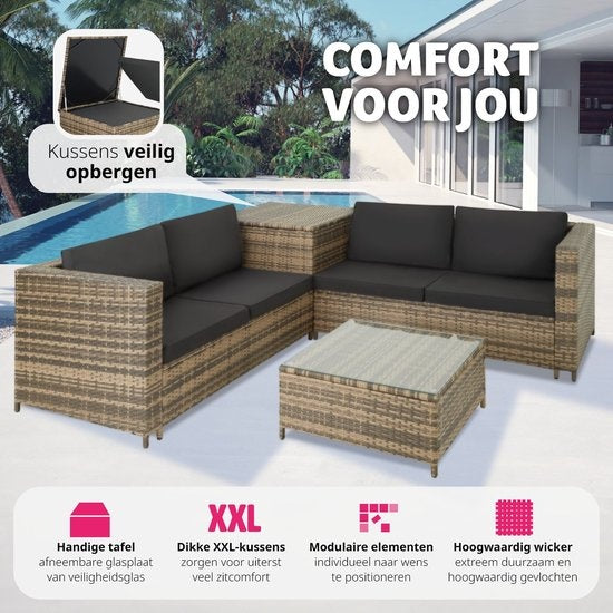 Tectake - Wicker Loungeset Siena (4 Personen) - Modulair, Opbergbox, Extra Dikke Kussens, UV- & Weerbestendig, Stalen Frame - Natuur/Donkergrijs