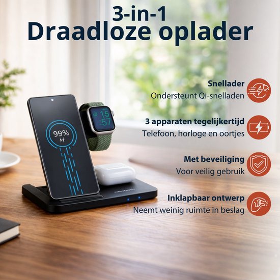 Grundig 3-in-1 Draadloze Oplader – Snellader Oplaadstation voor Smartphone, Smartwatch, Oortjes - Draadloze Oplader iPhone en Samsung - Wireless Charger – Opvouwbaar Design
