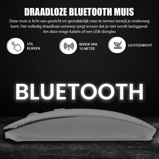 K&L Draadloze Muis - Draadloze Bluetooth Muis Laptop - Stil - Oplaadbaar - Grijs