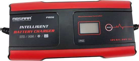 Absaar Acculader Pro 6.0 (12/24v - 6a) 0-120/180ah Rood/zwart