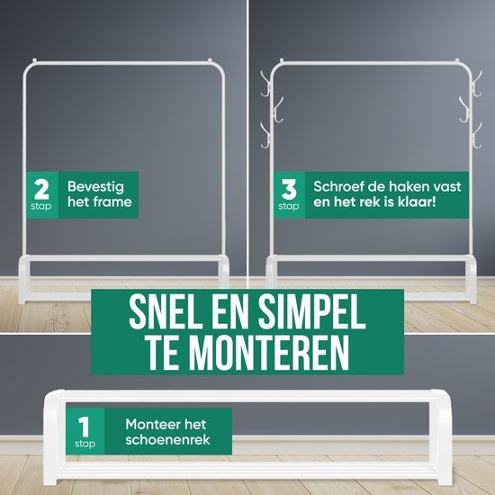 Avalo Industrieel Kledingrek - Metaal - 110x33x150 CM - Wit - Opbergruimte Voor Schoenen - Garderoberek Met Haken