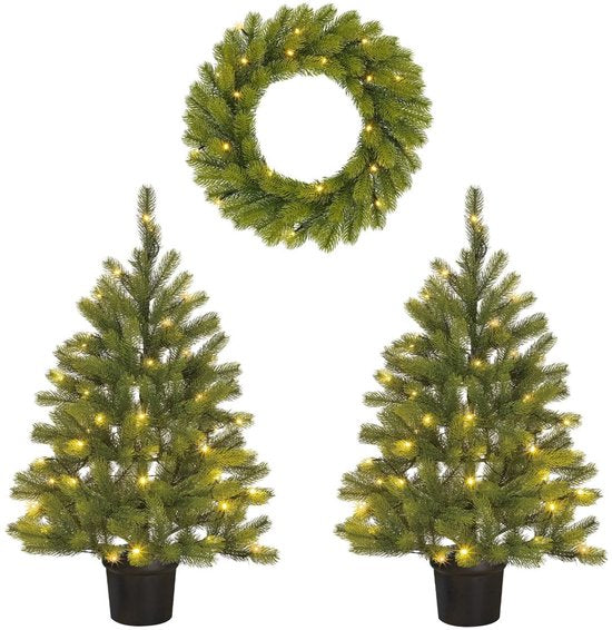 Black Box Trees Nagoya Kerstboom en Kerstkrans Set - 2 Kunstkerstbomen en 1 Krans met LED Verlichting - H90 x Ø45 cm - Groen