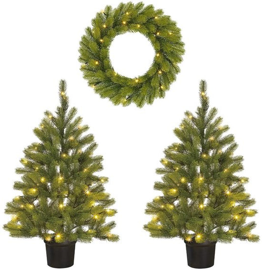 Black Box Trees Nagoya Kerstboom en Kerstkrans Set - 2 Kunstkerstbomen en 1 Krans met LED Verlichting - H90 x Ø45 cm - Groen