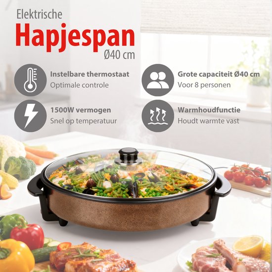 alpina Hapjespan - Partypan met Deksel en Thermostaat - Antiaanbaklaag voor Bakken en Warmhouden - 1500W Elektrisch Hapjespan met Glazen Deksel - Cooltouch Handvatten - Ø40cm
