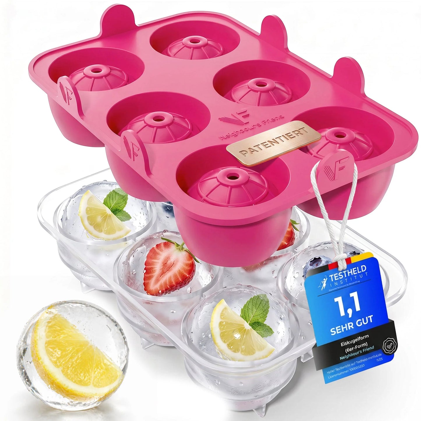 Neighbour's Friend Patenteerde Eiskugelform XXL Roze 2er Set – Grote Ronde Ijsblokjesvorm Platina Siliconen