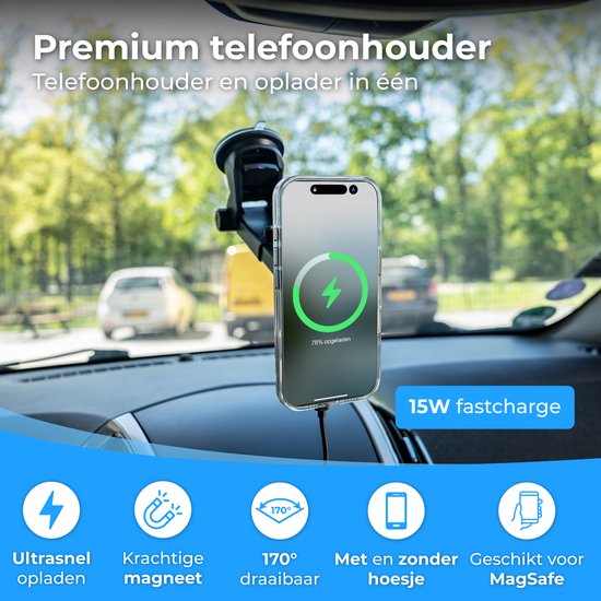 Nuvance Telefoonhouders Auto - Telefoonhouder met Zuignap - Geschikt voor MagSafe - Incl USB-C kabel - Draadloze Oplader - Gsm Houder Auto