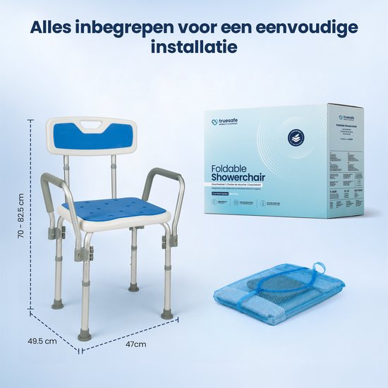 Truesafe Douchestoel met afneembare rug- en armleuning - Douchekruk - Badkamer Stoel - Antislip - Verstelbare Hoogte - Max 130 Kg + Douchezak