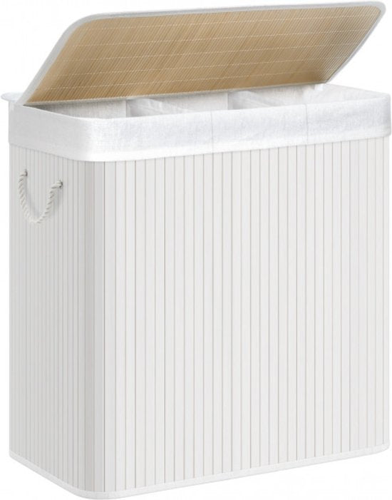 SONGMICS - Wasmand 150 liter - 3 sorteervakken - 60x40x61.5 - bamboe met stof - wit LCB091W01