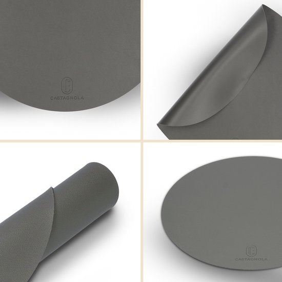 Castagnola Lederlook Placemats - Ronde Placemats - Antislip Placemat van Kunstleer - Waterafstotende Onderlegger - Onderzetter - 6 Stuks - Diameter 38 cm - Grijs