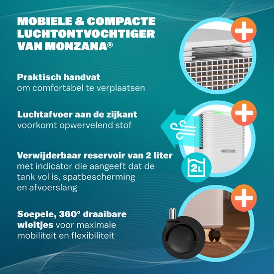 Monzana Luchtontvochtiger – 12L/dag Stil <38 dB 200W 20m² Wielen – Wit