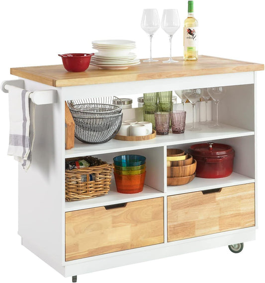 SoBuy Keukeneiland op wieltjes - 55x110x91 cm - Max. 75KG - Wit/Houtkleur