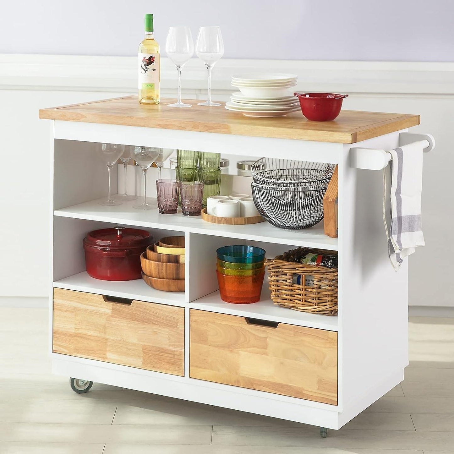 SoBuy Keukeneiland op wieltjes - 55x110x91 cm - Max. 75KG - Wit/Houtkleur