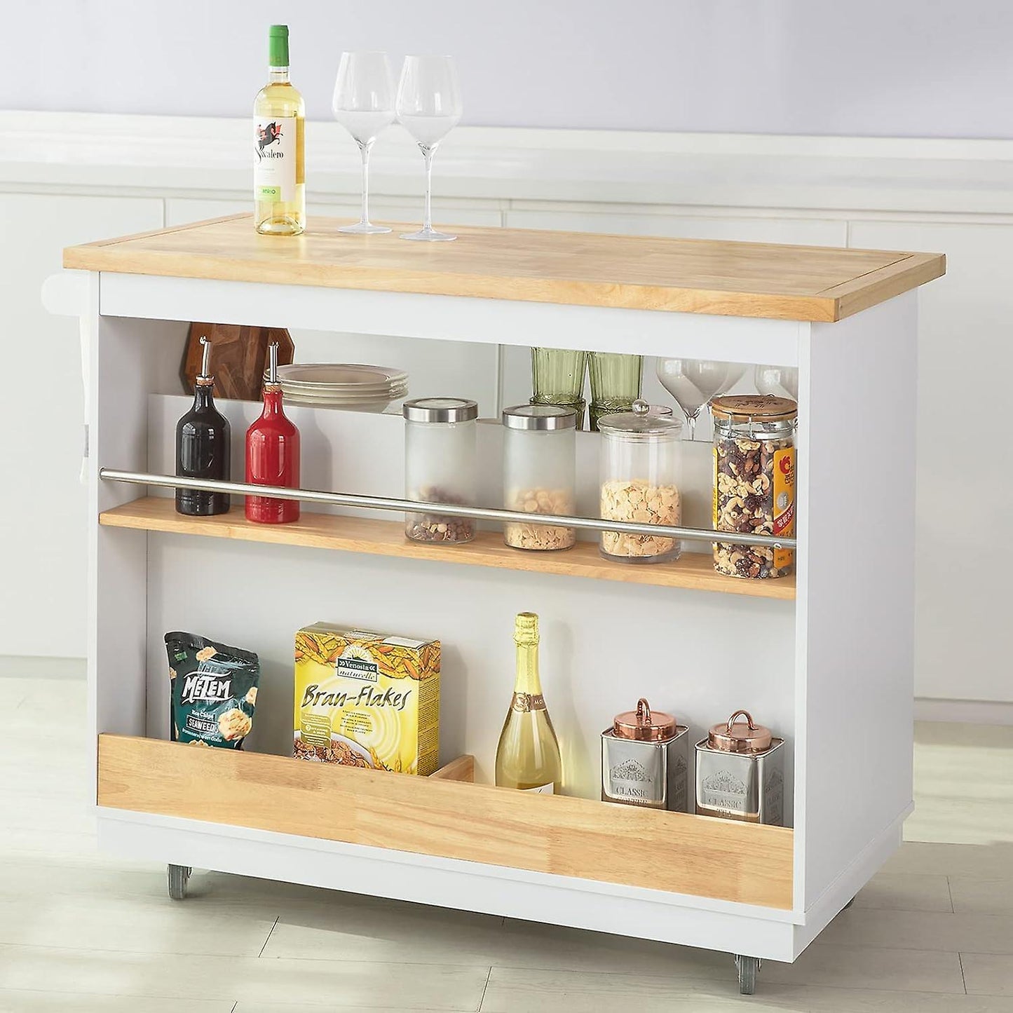 SoBuy Keukeneiland op wieltjes - 55x110x91 cm - Max. 75KG - Wit/Houtkleur