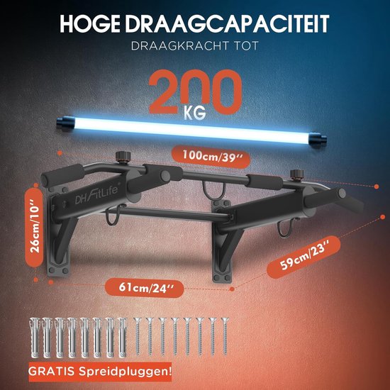 DH FitLife 4-in-1 optrekstang voor wandmontage met spreidplug, multifunctionele pull-up bar voor thuis tot 200 kg | 6 antislip handgrepen | 3 ogen voor bokszak & slingtrainer | veilig en stabiel