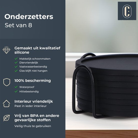 Castagnola Siliconen Onderzetters – Onderzetters voor Glazen – Design Onderzetters met Houder – Onderzettersset – Anti Slip - Set van 8 – Zwart
