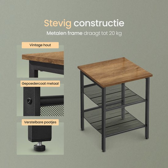 O'DADDY® Bijzettafel Vierkant - Bijzettafels - Nachtkastje - Bijzet tafel - Bijzettafeltje - Kleine Banktafel - Salontafels - Laptoptafel - Koffietafel Industrieel - Tafeltje - Verstelbare Roosterplanken - 40x40x55 cm - Vintage Bruin/Zwart