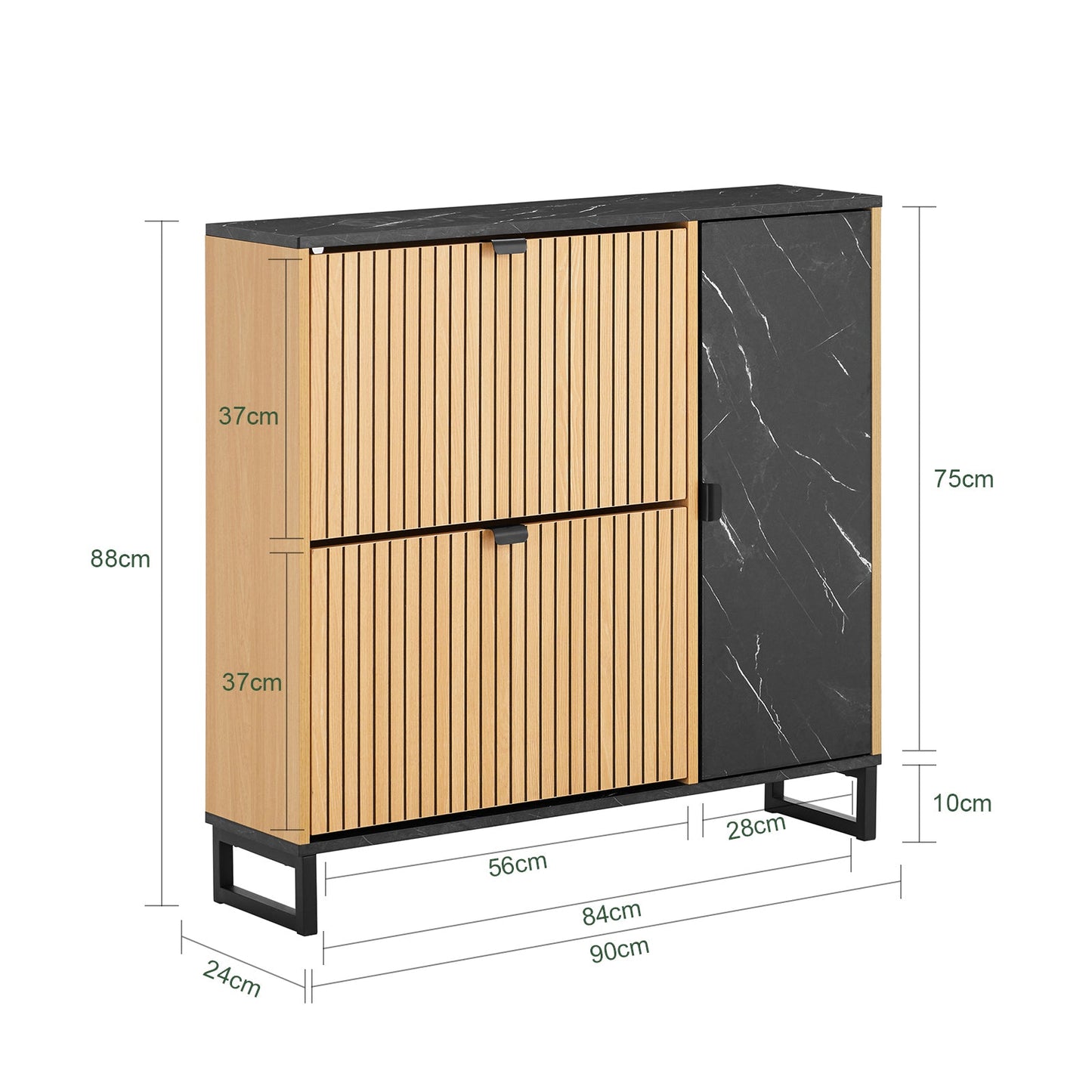 SoBuy FSR203-N Smalle Schoenenkast voor Entree, 2 Kleppen en Zijdeur, Scandinavisch Design, Compact, Zwart en Licht Hout, 90 x 24 x 88 cm